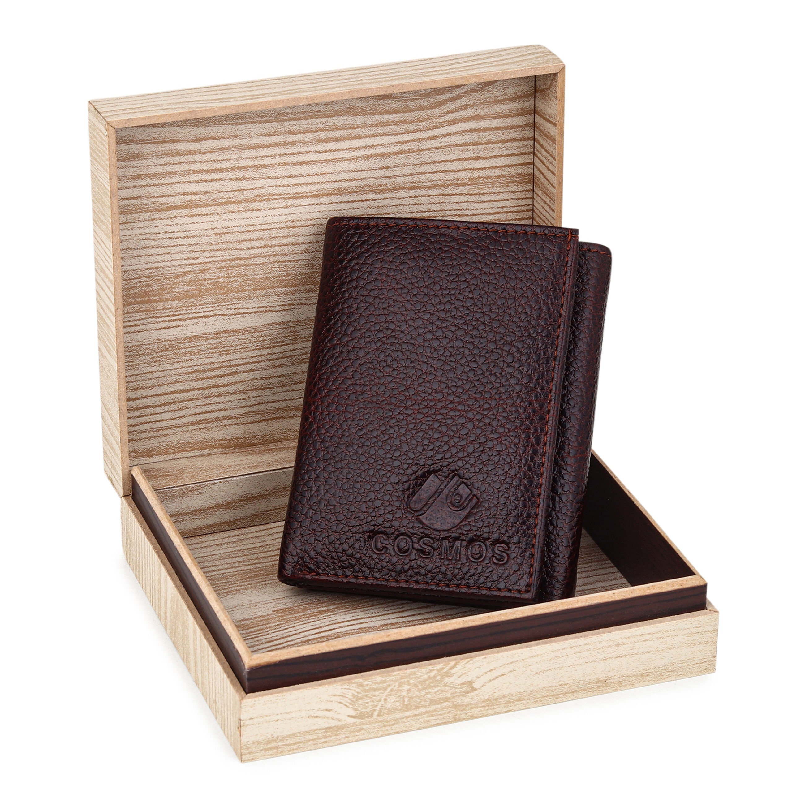 Cosmos Premium Brown Pebbled Leather Wallet for Men Trifold Slim High Capacity Design